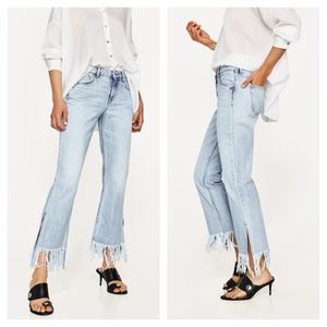 ZARA Basic Mid-Rise Fringe Side Slit Crop Jeans